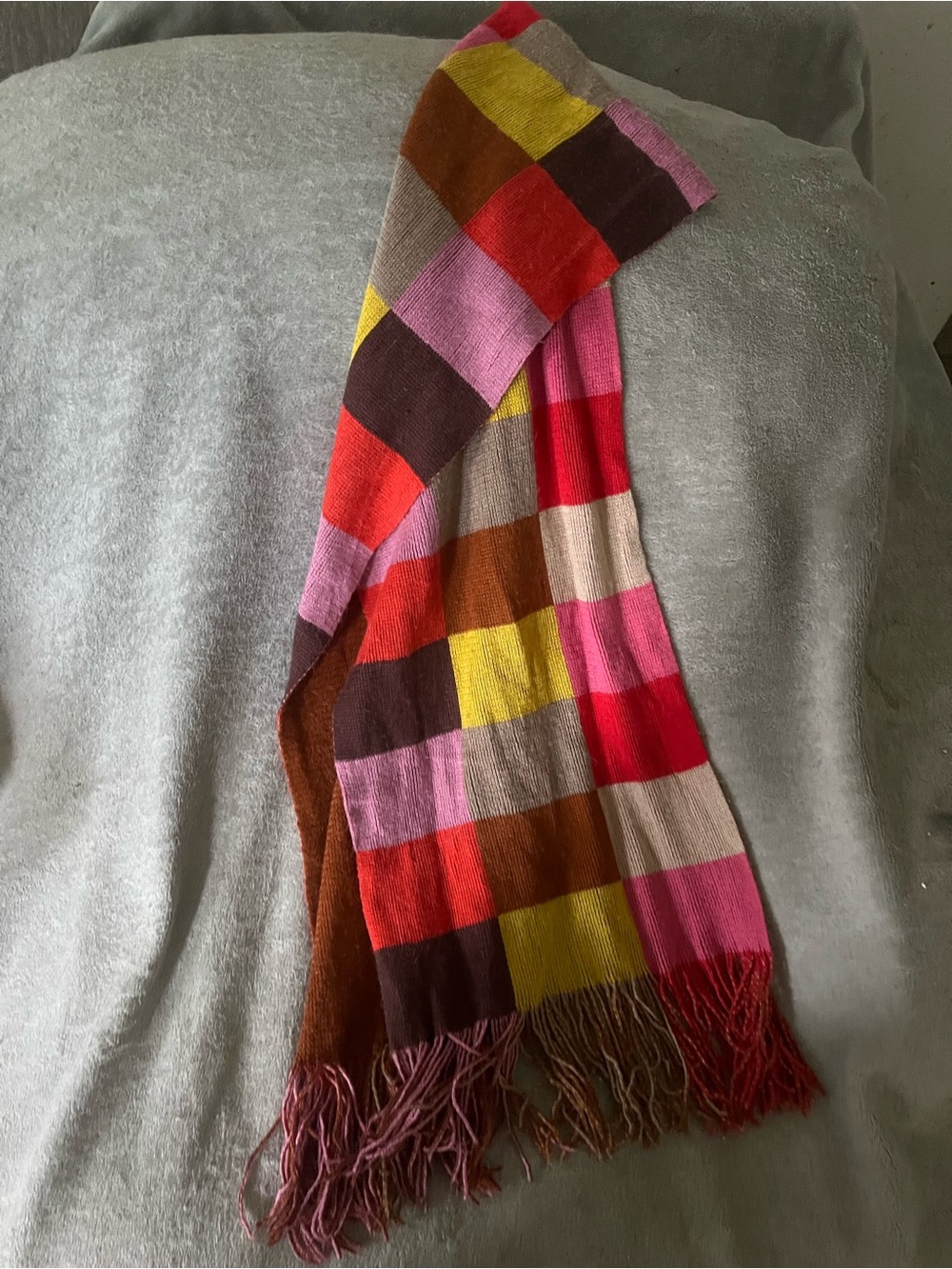 Multicolor Checkered Fringe Scarf - Pink, Red, Yellow, Brown